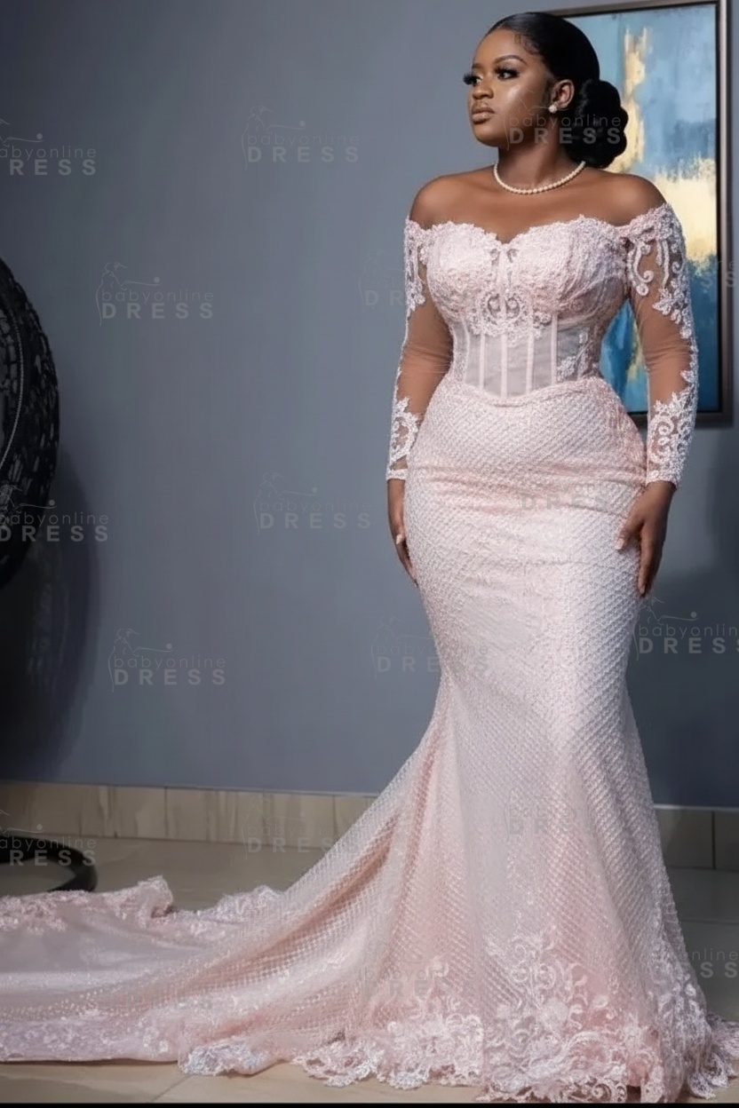 Mermaid Wedding Dress with Long Sleeves Pearls Tulle Lace Bridal Gown Sweep Train