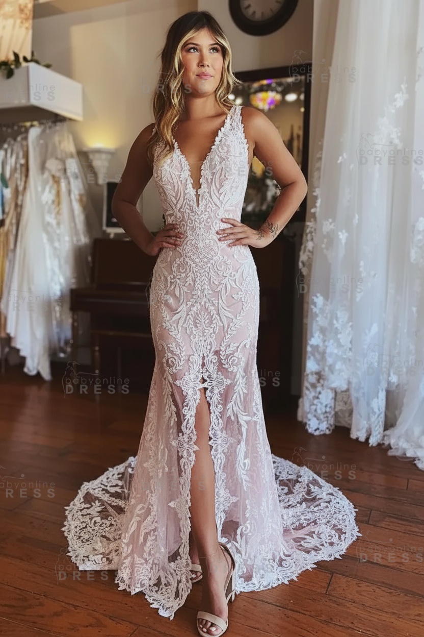 Stylish Floral Lace Mermaid Wedding Dress Deep V-Neck Front Slit Bridal Dress