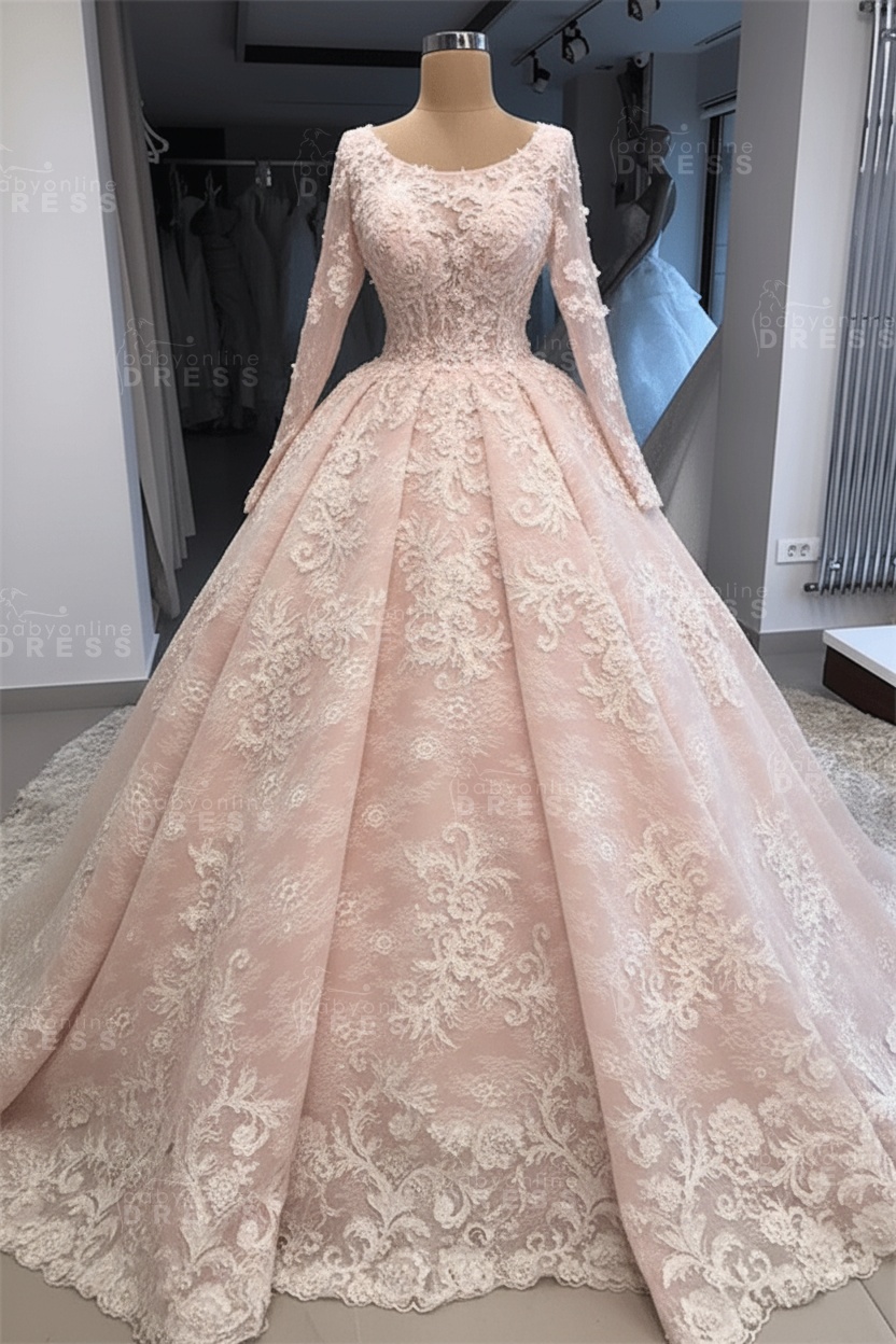 Elegant Scoop Long Sleeves Appliques Ball Gown Wedding Dresses