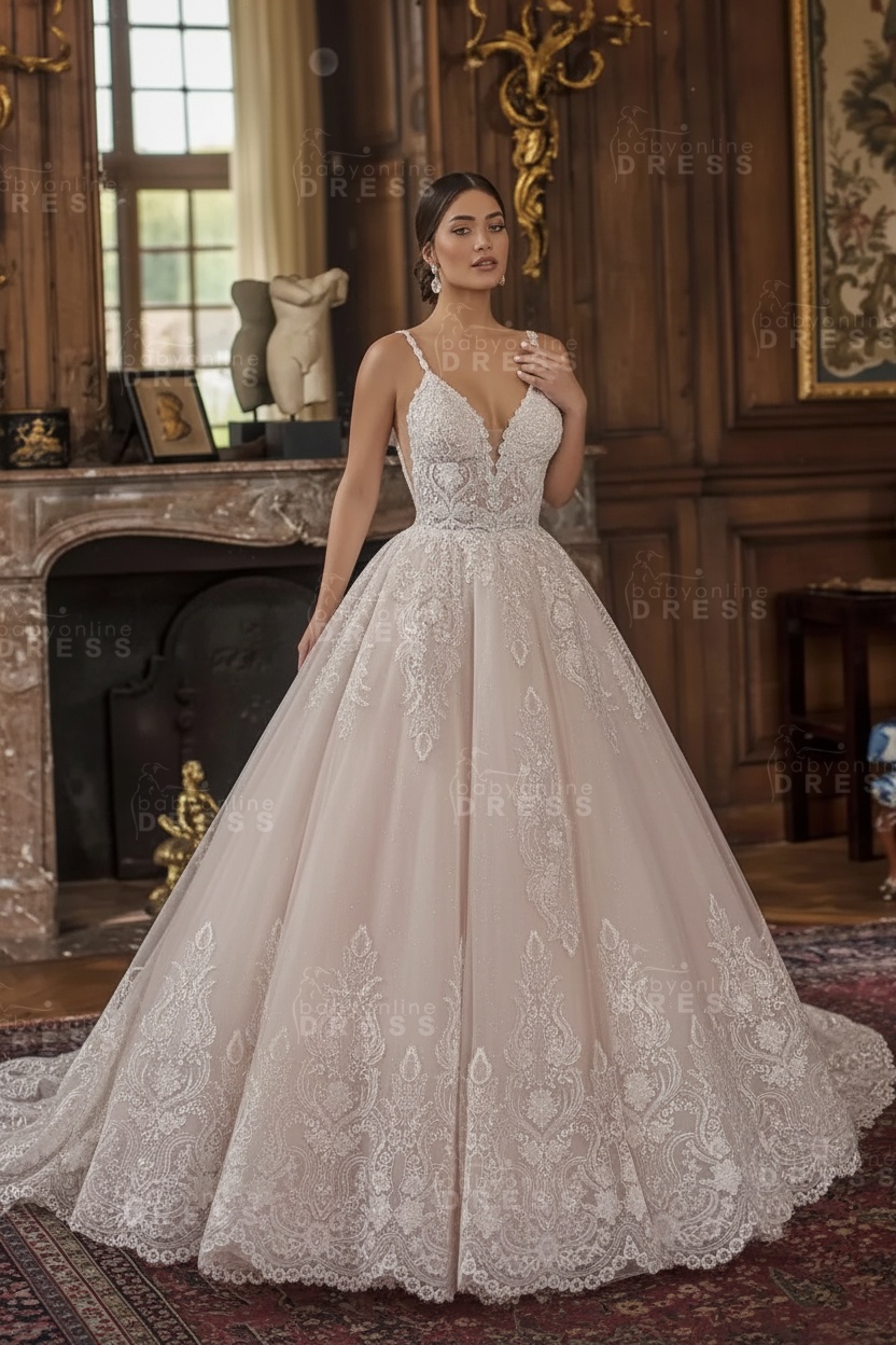 Sleeveless V-neck A-line Princess Lace Wedding Dresses