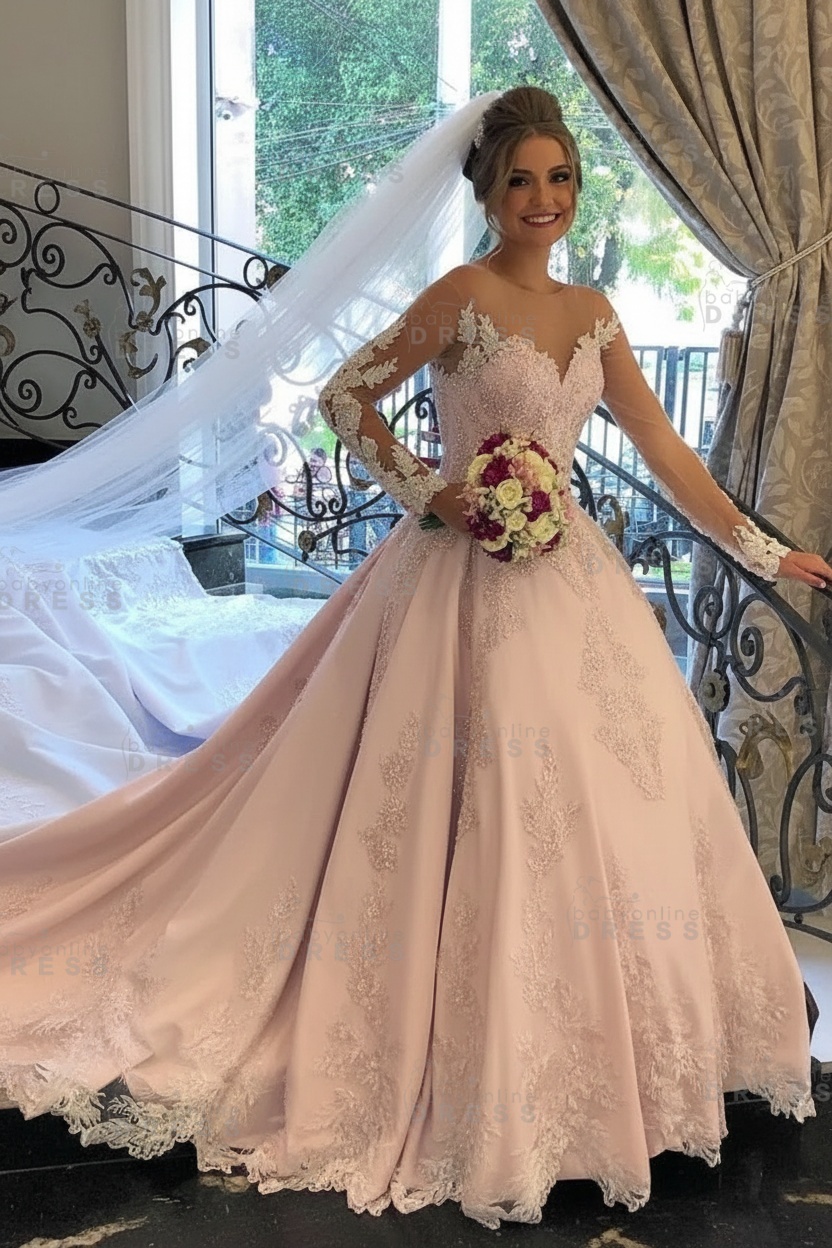 Stylish Ball Gown White Long Sleeves A-Line Wedding Dress with Appliques