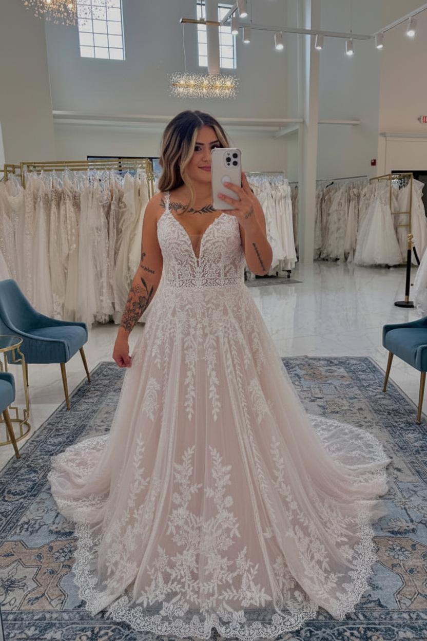 Spaghetti Straps Open Back Appliques Lace A-Line Wedding Dresses with Train