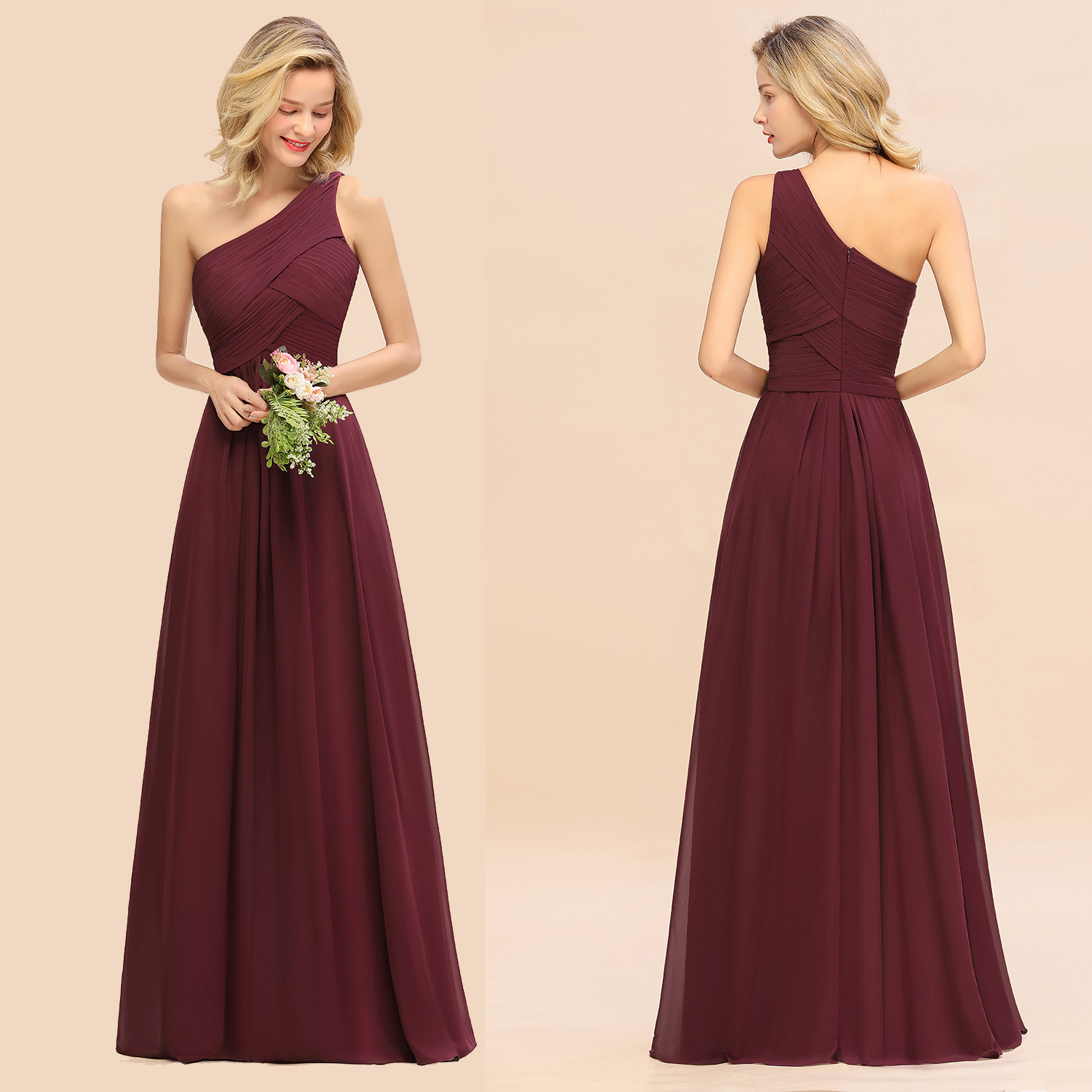 Elegant Ruffles One Shoulder Bridesmaid Dress Long | A-Line Sleeveless Evening Dresses