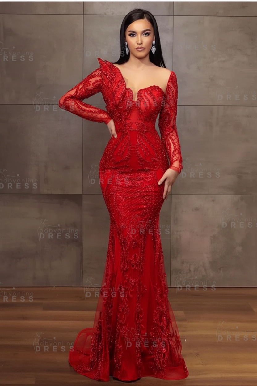 Stunning Burgundy Beadings Long Sleeves Mermaid Prom Dress