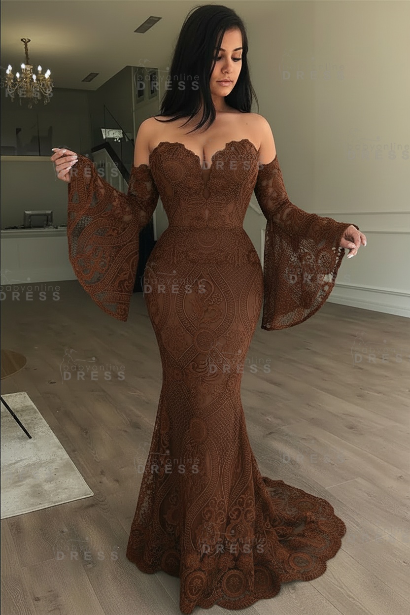 Off-the-Shoulder Long Sleeves Lace Floor-Length Mermaid Evening Dress