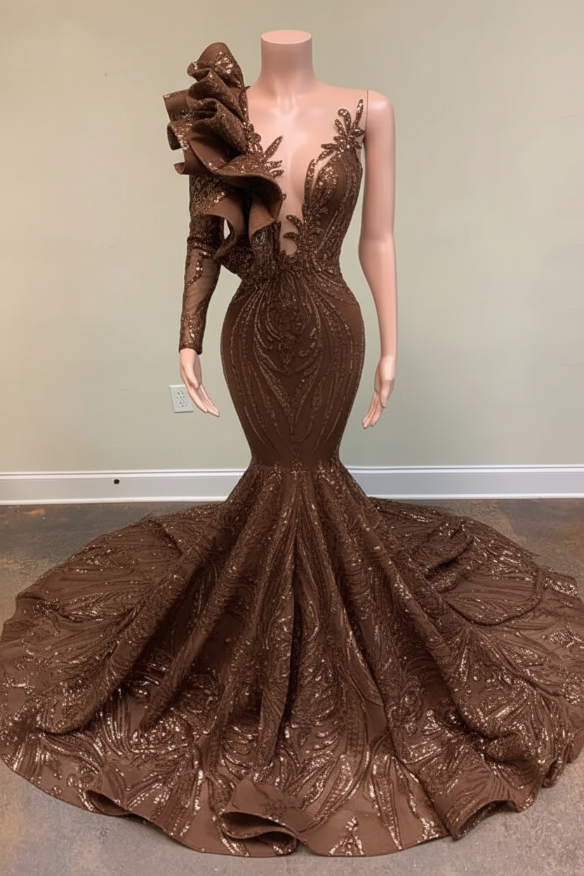 Chic Black Long Sleeve Asymmetrical Floor Length Mermaid Prom Dress