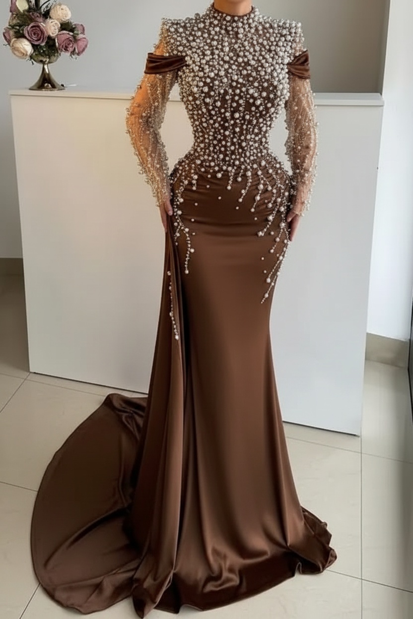 Unique High Neck Beading Long Sleeve Mermaid Prom Dresses