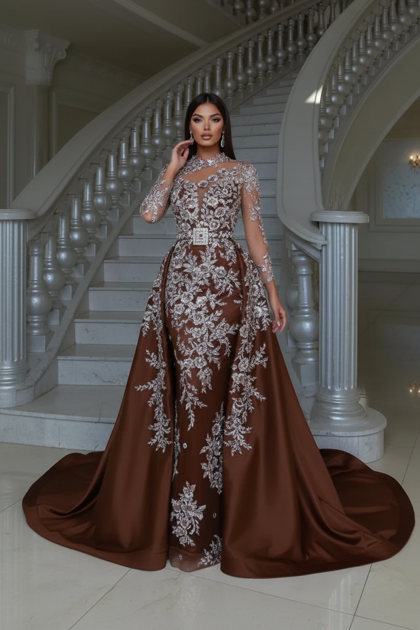 Blushing pink Long sleeves Overskirt Lace Prom Dresses