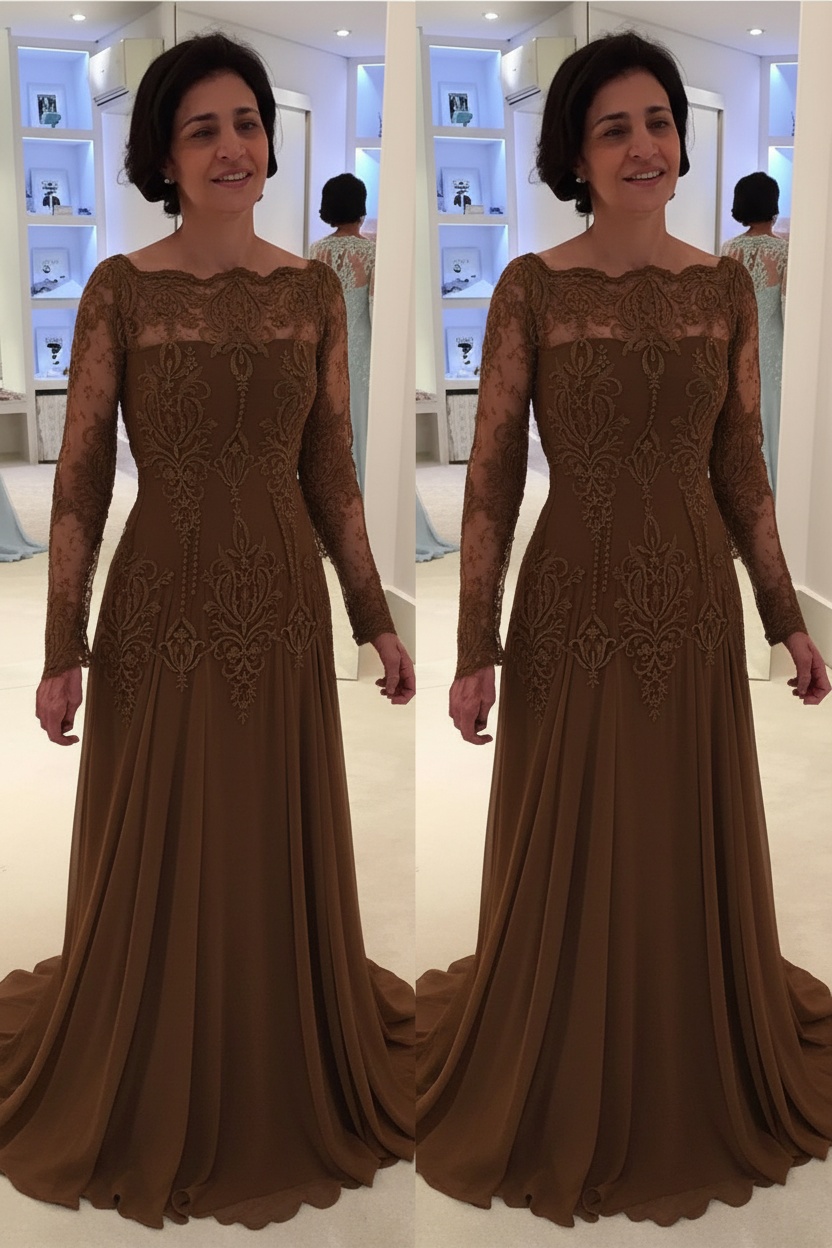 Elegant Floor-Length Lace Long-Sleeves A-line Mother of the Bride Dress 
