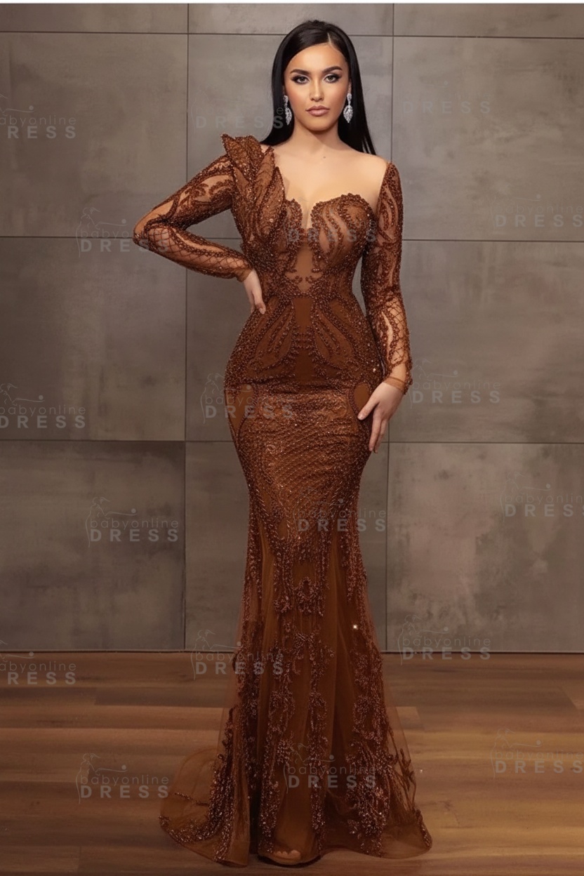 Stunning Burgundy Beadings Long Sleeves Mermaid Prom Dress