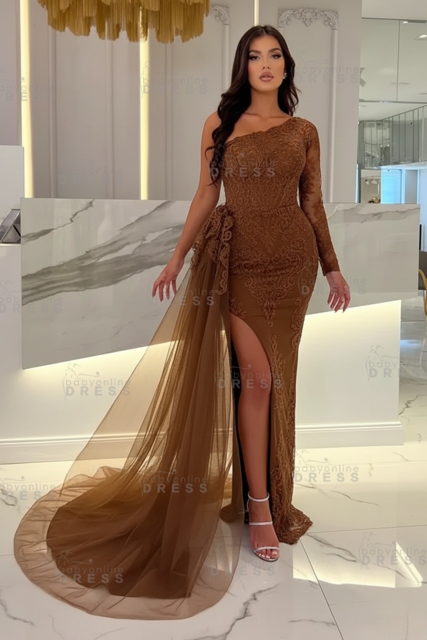 Sexy Sky blue One-shoulder Mermaid Prom Dress Tulle with High split