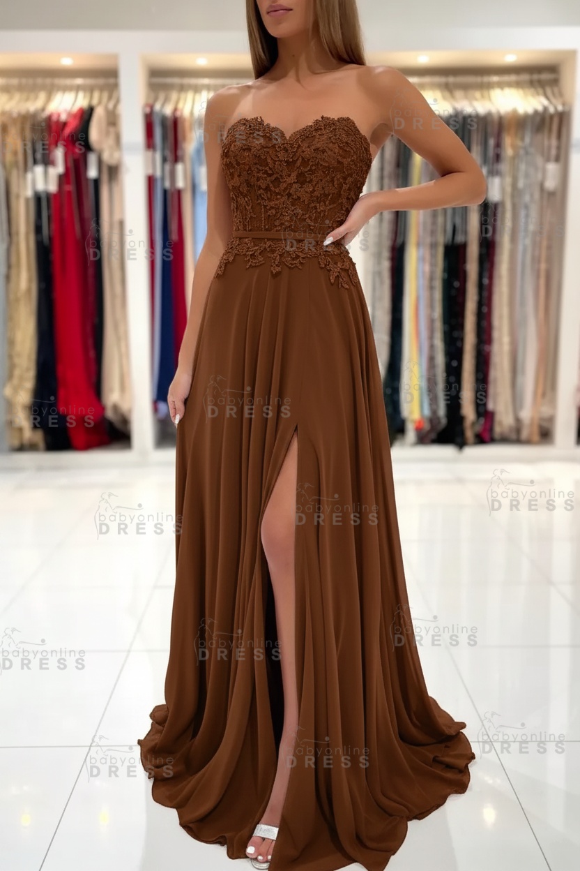 Sweetheart Strapless A-Line Chiffon Floor Length High Split Prom Dress