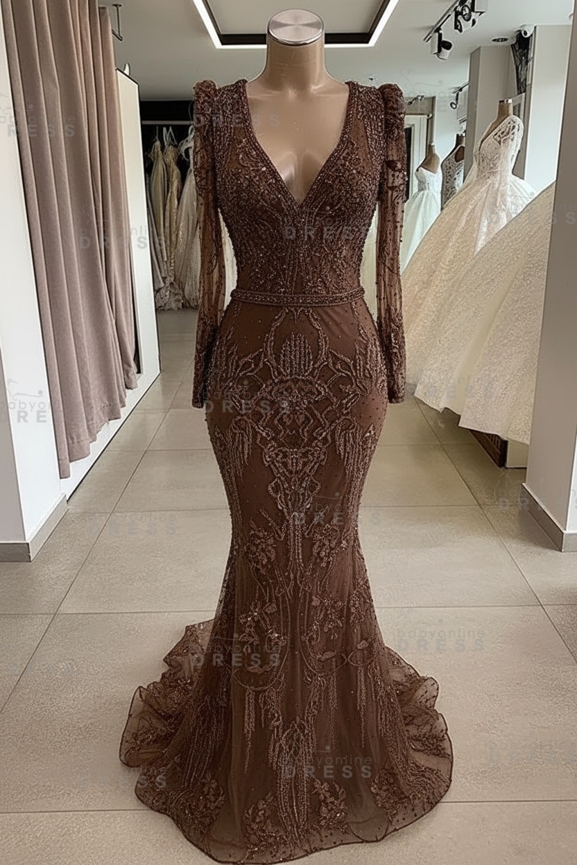Gorgeous Mermaid Lace Beading V Neck Long Sleeves Prom Dresses | Evening Gowns With Beading Waistband