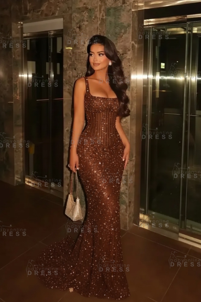 Glitter Spaghetti Straps Sequins Mermaid Prom Dress Floor Length