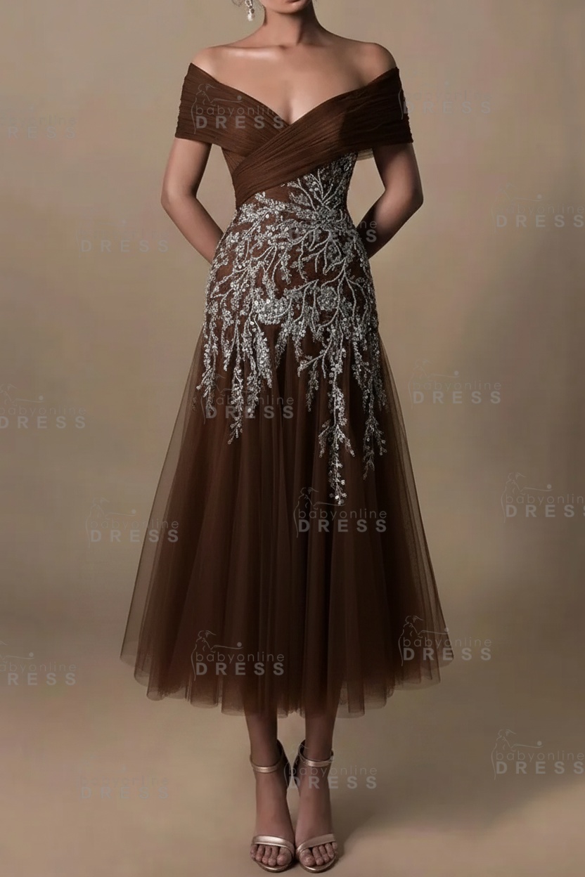 Champagne V-Neck A-Line Tea Length Prom Dress Tulle Mother of the Bride Dress