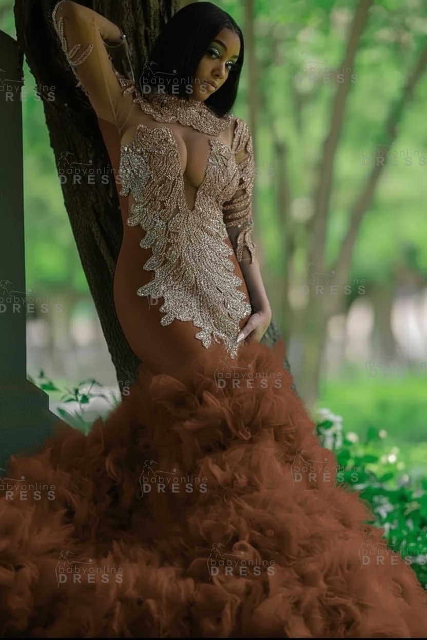 Glamorous Slim Mermaid Evening Gowns with sleeves Beadings Prom Dress