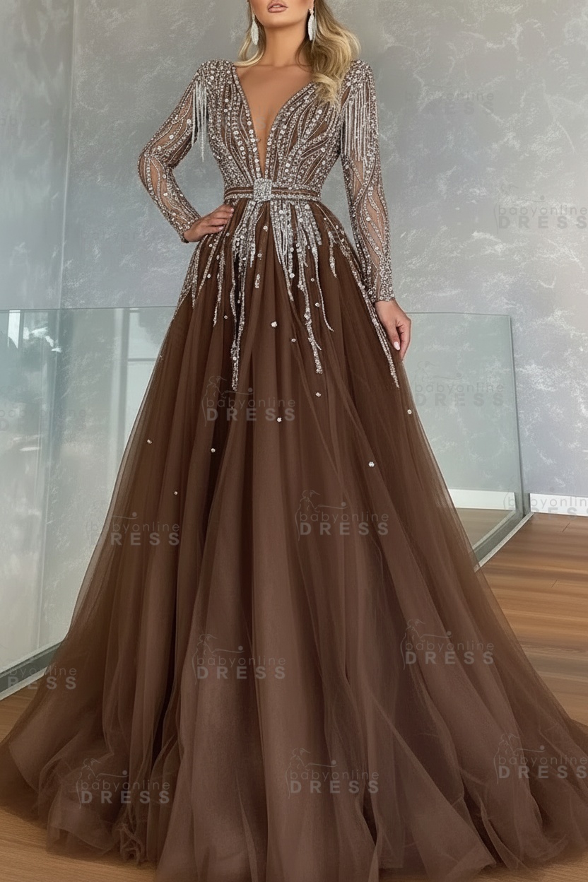 Long Sleeves V-neck Ball Gown A-line Prom Dress with Beadings