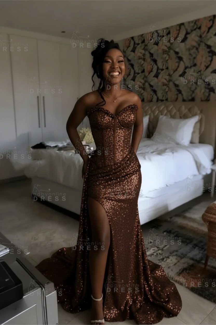 Sexy Orange Mermaid Prom Dress with Sequins High Split Strapless Long Party Dress