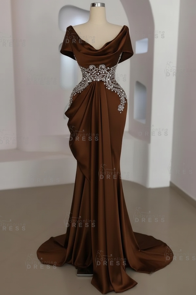 Short sleeves Mermaid Round neck Gray Prom Dresses