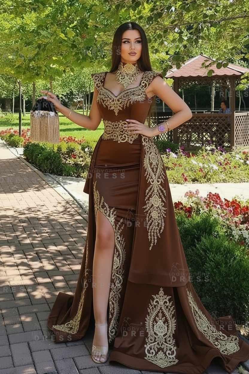 Dark Green Velvet Mermaid Evening Dress with Gold Lace appliques