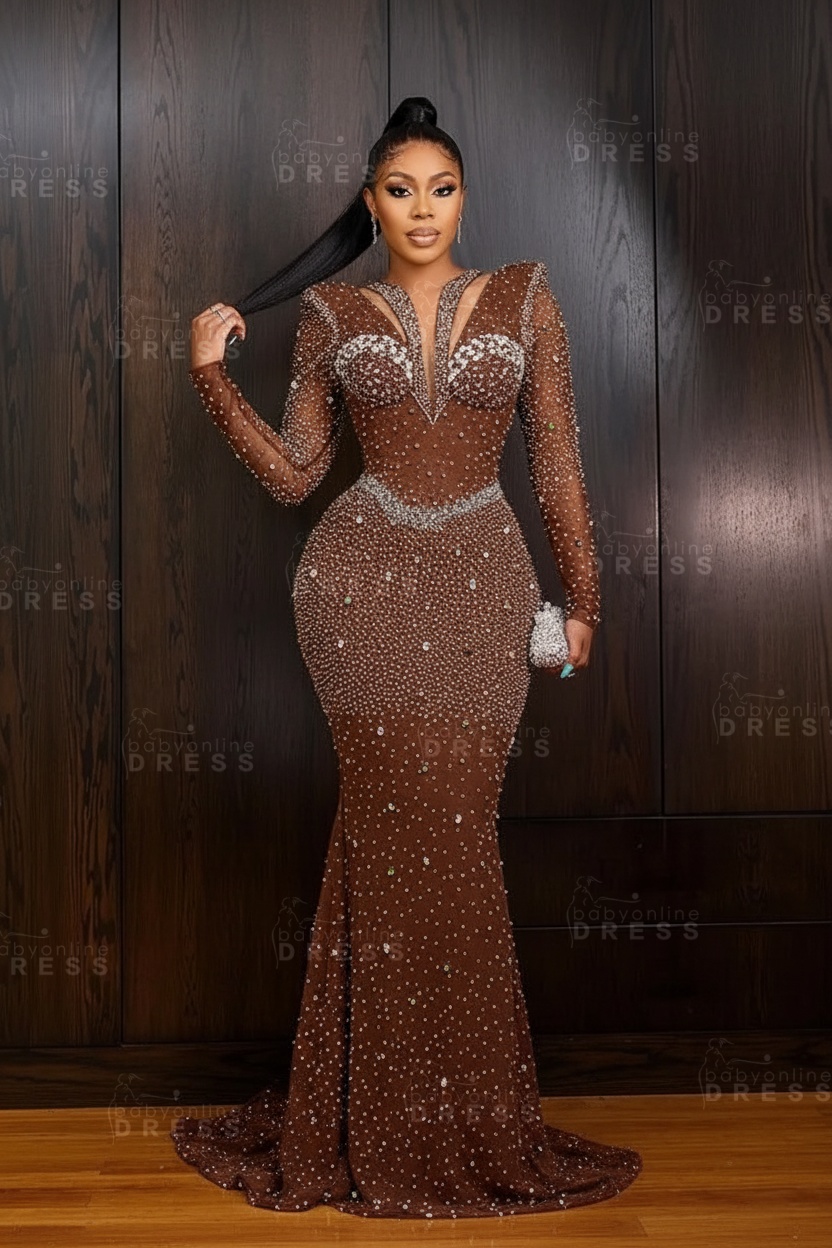 Green V-Neck Beadings Long Sleeves Floor-Length Mermaid Prom Dress
