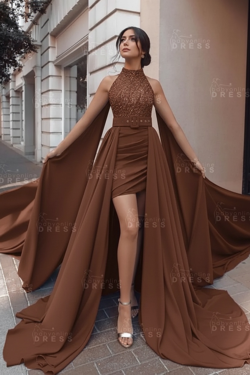Halter Royal Blue Evening Party Dress Cape with Sweep Train