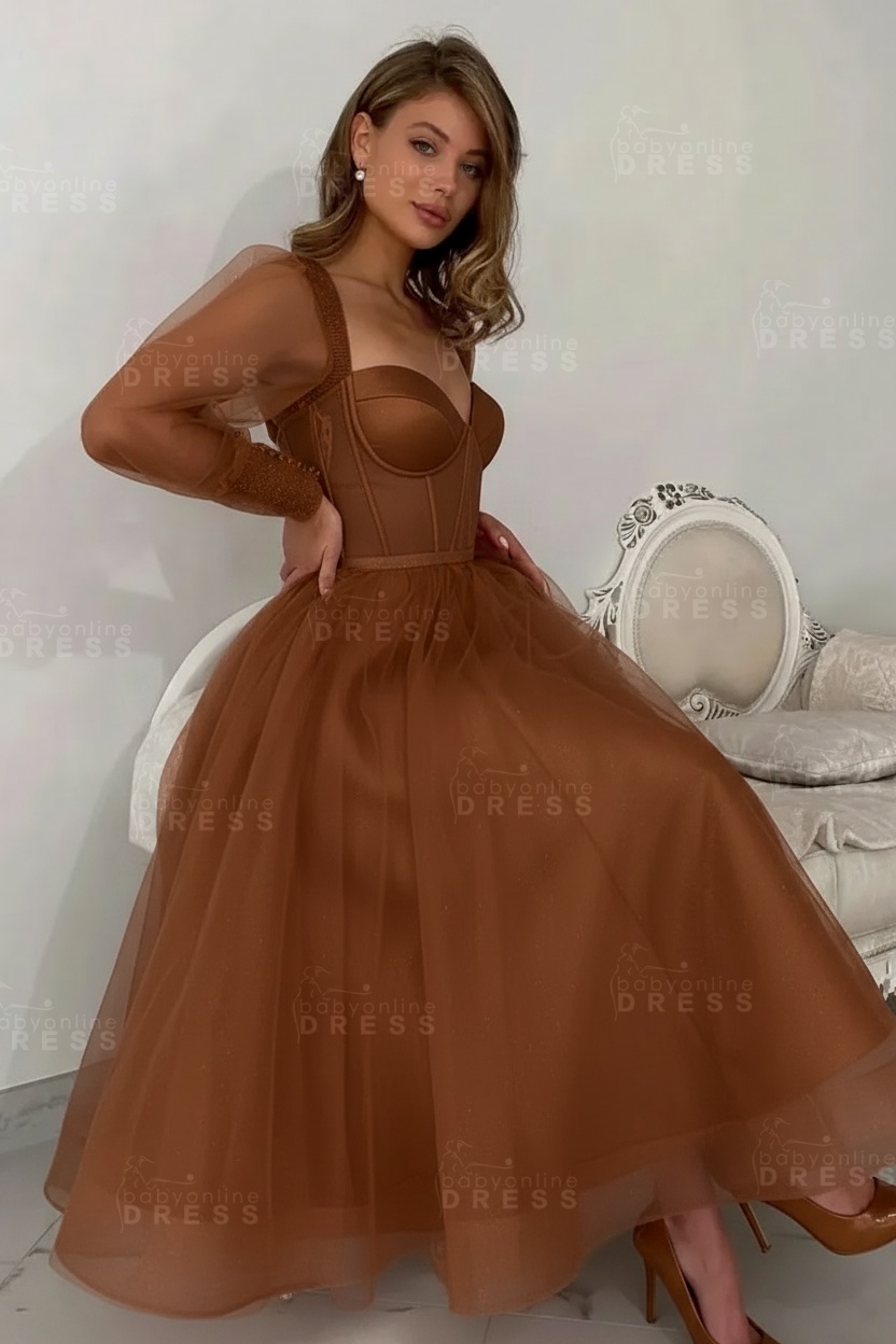 Long sleeves Pink See through Tulle Homecoming Dresses Aline