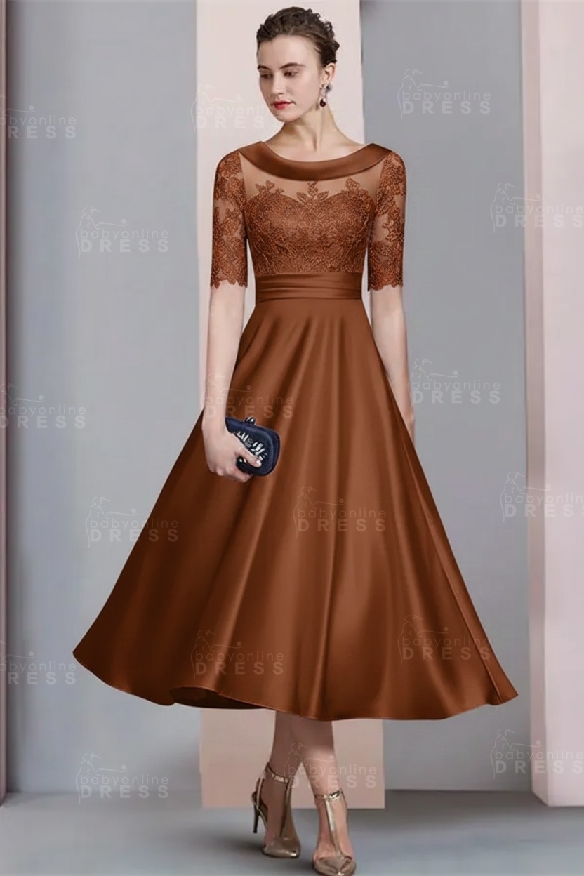 Elegant Ivory Jewel Lace Beading A-Line Tea Length Satin Wedding Guest Dress Formal Mother Dress