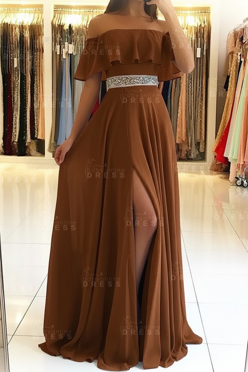 Sky Blue Off The Shoulder Evening Dresses Sexy | Chiffon Side Slit Prom Dress with Crystals Belt