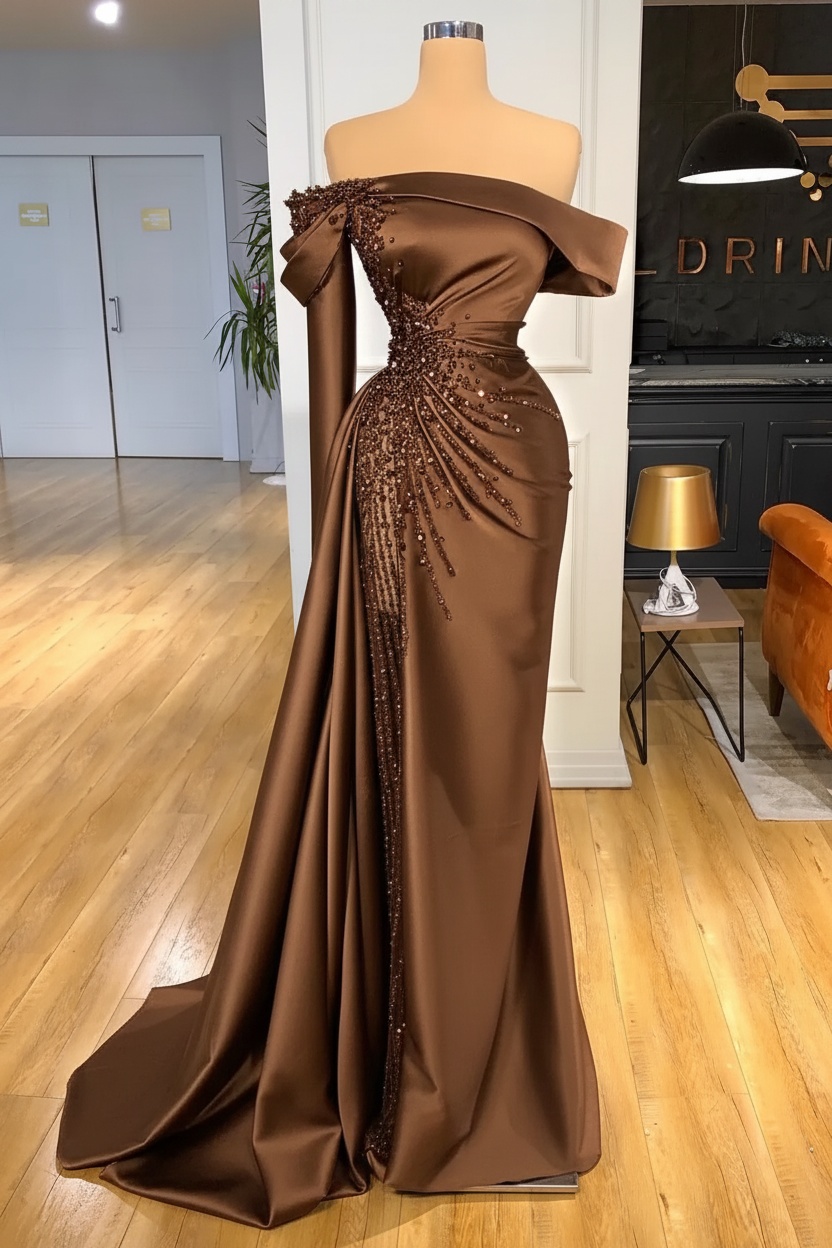 Off-the-Shoulder Satin Floor Length Prom Dress with Side Slit
