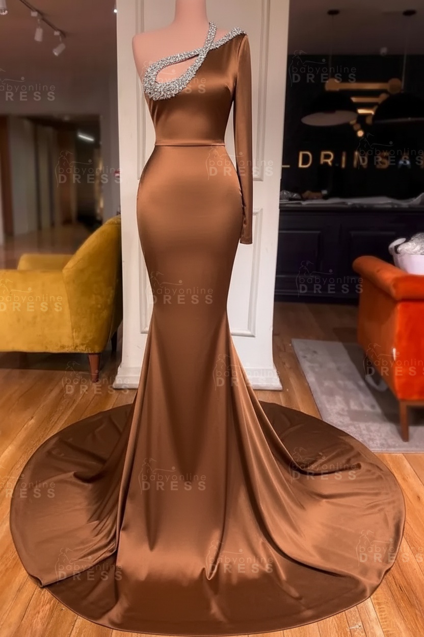 Long sleeves Beaded neckline Black Mermaid Prom Dresses
