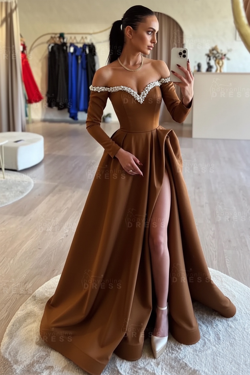 Long sleeves Pearls A-line Princess Front Split Black Prom Dresses