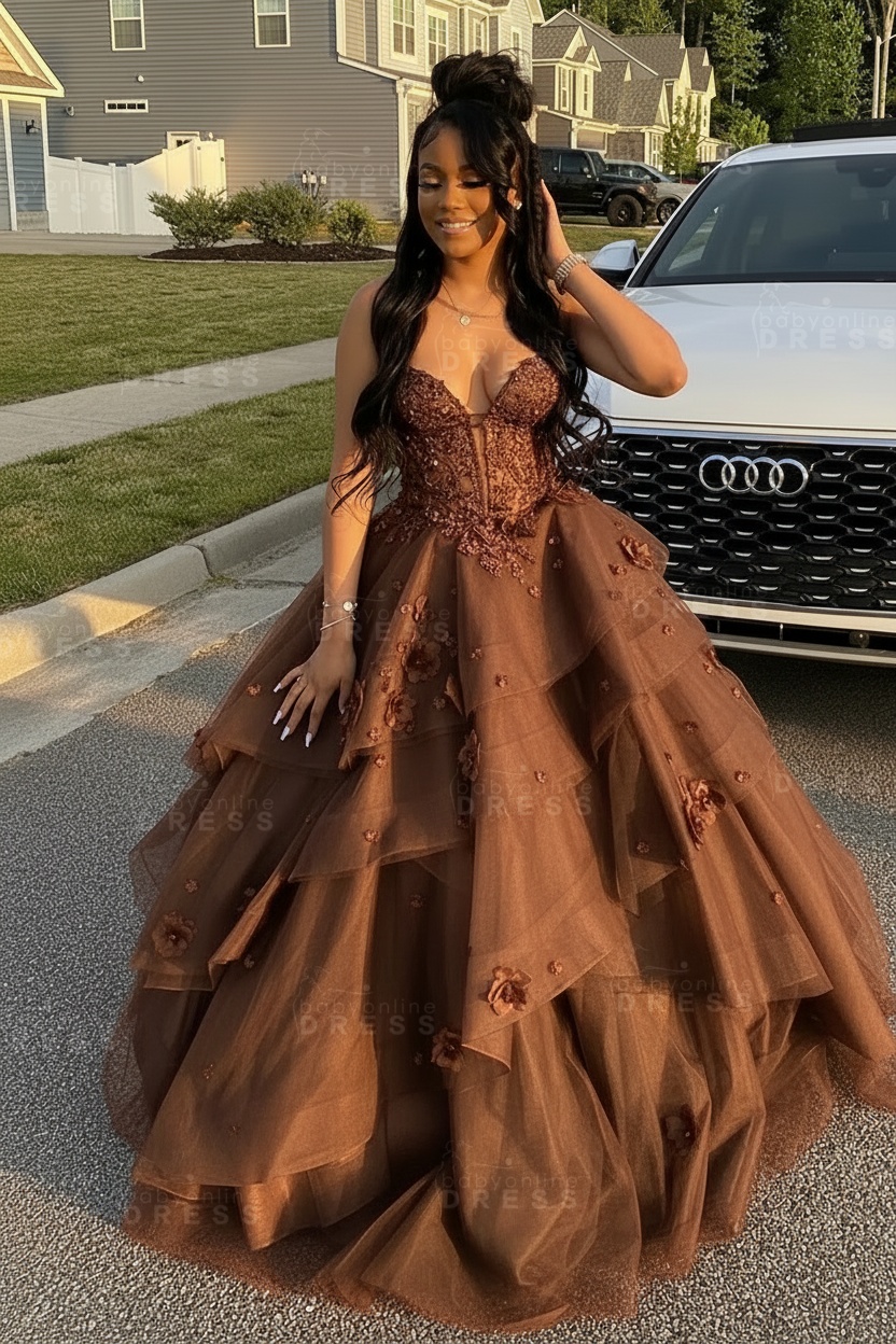 Sleeveless V-Neck Tulle Aline Prom Dress Floral Tiered Ruffles Corset Evening Dress
