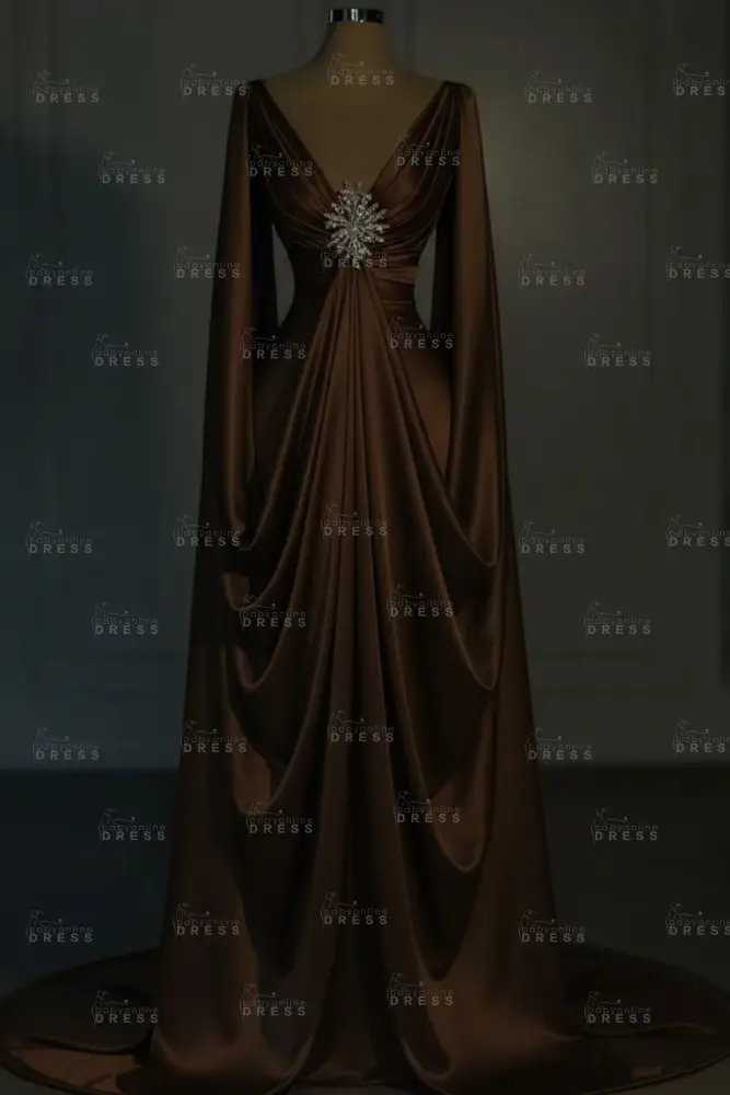 Long sleeves V-neck Satin Ruffles Mermaid Prom Dresses Floor-Length
