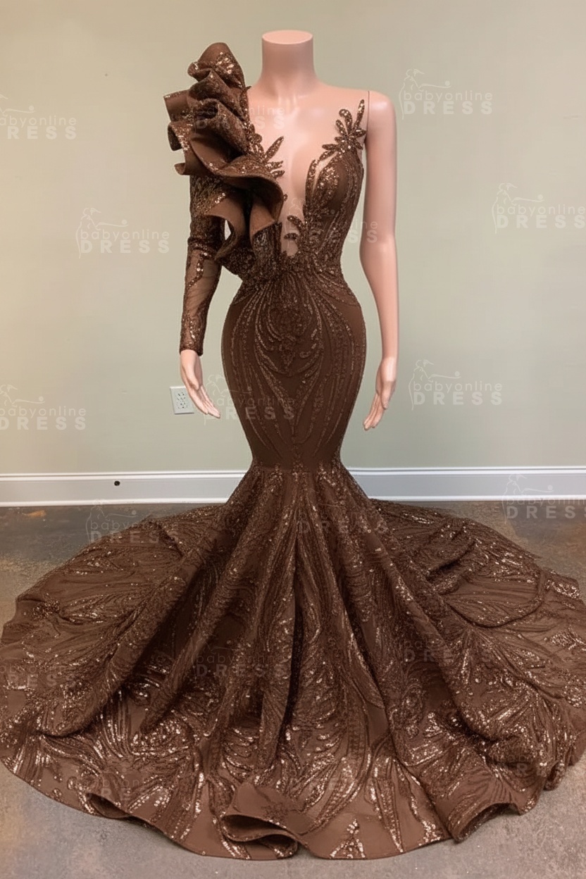 Chic Black Long Sleeve Asymmetrical Floor Length Mermaid Prom Dress