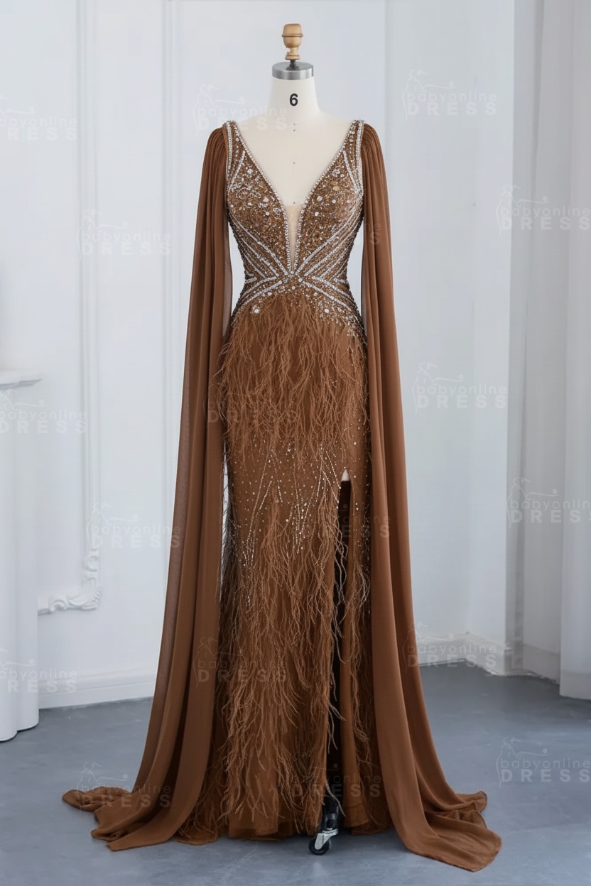 Glamorous V-Neck Fur Beadings Front Slit Mermaid Evening Gowns with Tulle with Cape Sleeves Wedding Party Dress