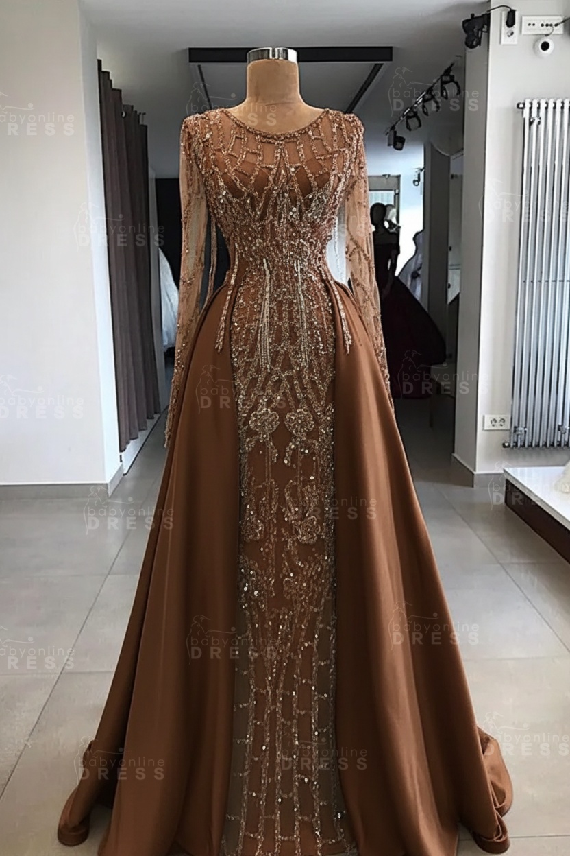 Shining Beaded Long Sleeves Round Neck Prom Dresses With Over Skirt | A Line Evening Gowns