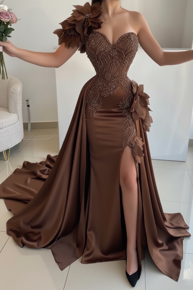 Flowers One shoulder Mermaid Long Prom Dresses with High Split