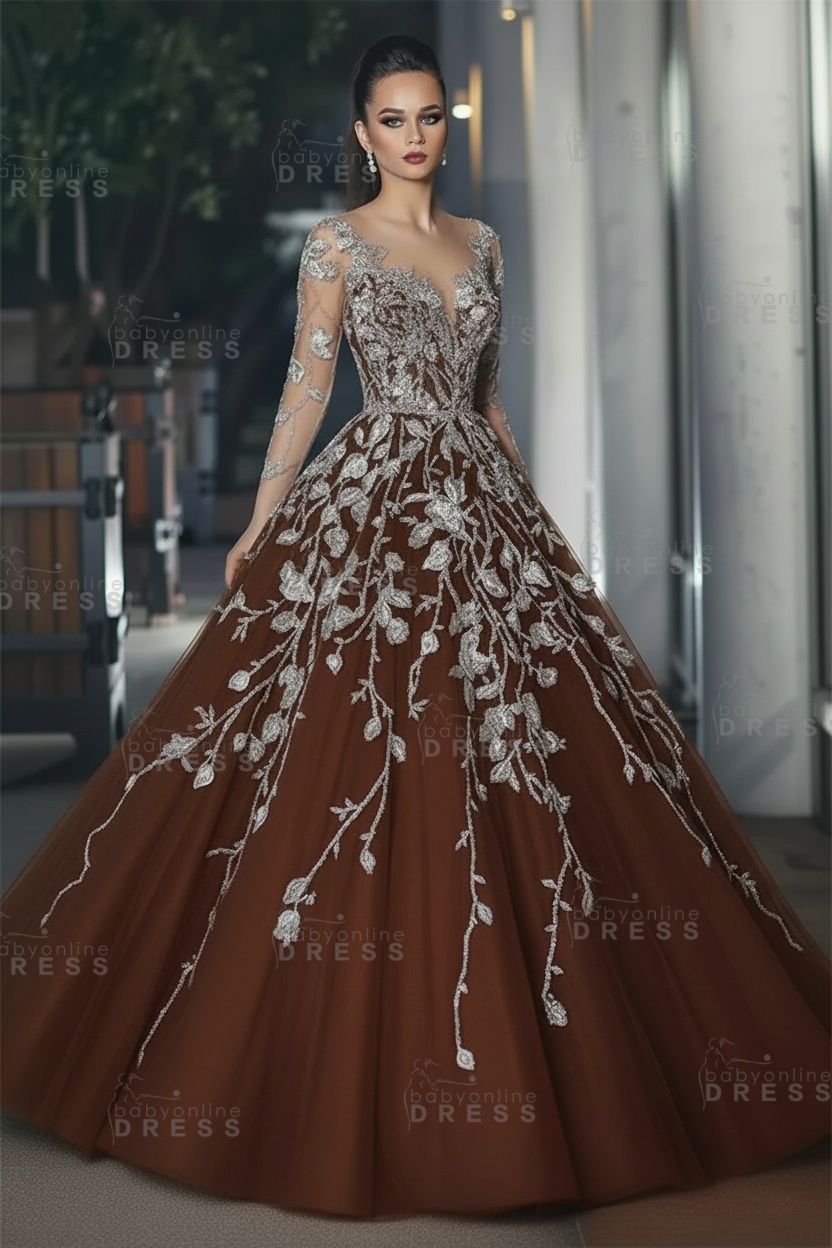 Stunning Illusion Long Sleeve Sexy Evening Gowns | A-line Lace Appliques Tulle Prom Dress