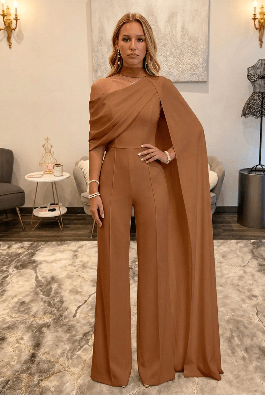 Brown Asymmetric Neck One-Shoulder Bridal Formal Jumpsuit with Sash