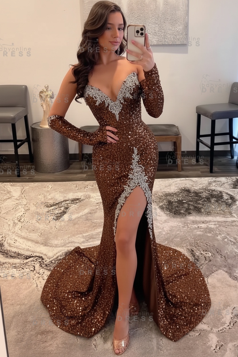 Strapless Sweetheart Sequins High Split Mermaid Prom dress with Silver Appliques