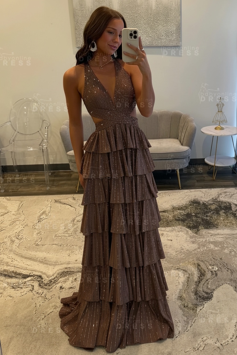 Halter Aline Prom Dress Sequined V-Neck High Split Evening Dress Long