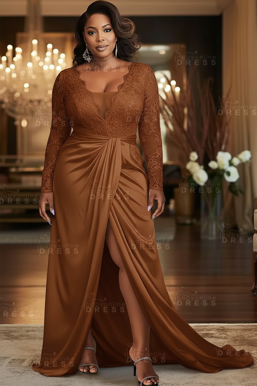 V-neck Appliques Lace Long Sleeve A-Line Prom Dresses with Slit