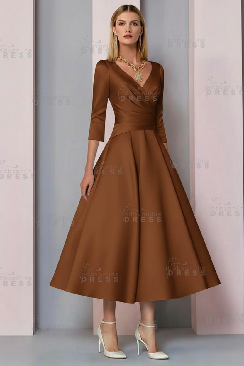 Half Sleeves White Ankle Length Mother of the Bride Dress V-Neck Satin Wedding Guest Dress