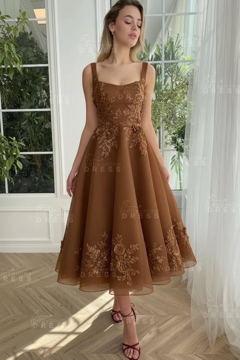 Burgundy Ankle length square neck Homecoming Dress Tulle Aline Formal Dress