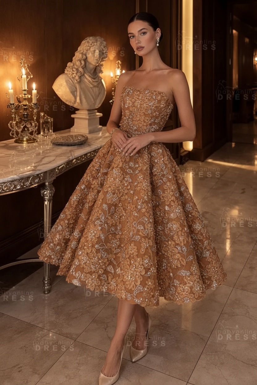 Strapless Yellow Floral A-Line Tea Length Prom Dress with Beadings