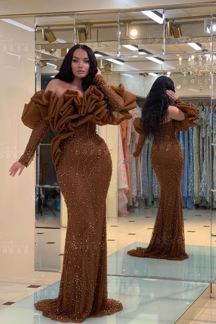 Bubble Sleeves Long Mermaid Prom Dress with Sequins and Beadings