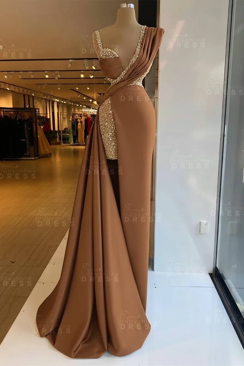 Luxury Satin Prom Dress Sleeveless with Sequins Sleeveless Evening Gown