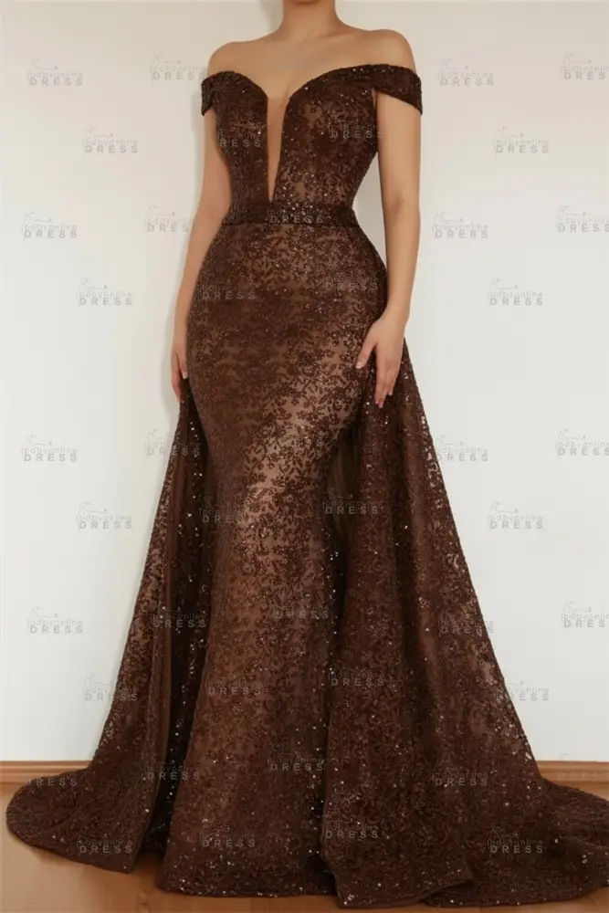 Burgundy Glamorous Mermaid Off The Shoulder Lace Appliques Prom Dress With Detachable Skirt