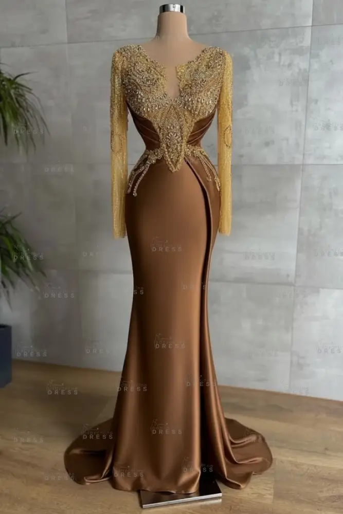 Gold Long sleeves Satin Mermaid V-neck Prom Dresses